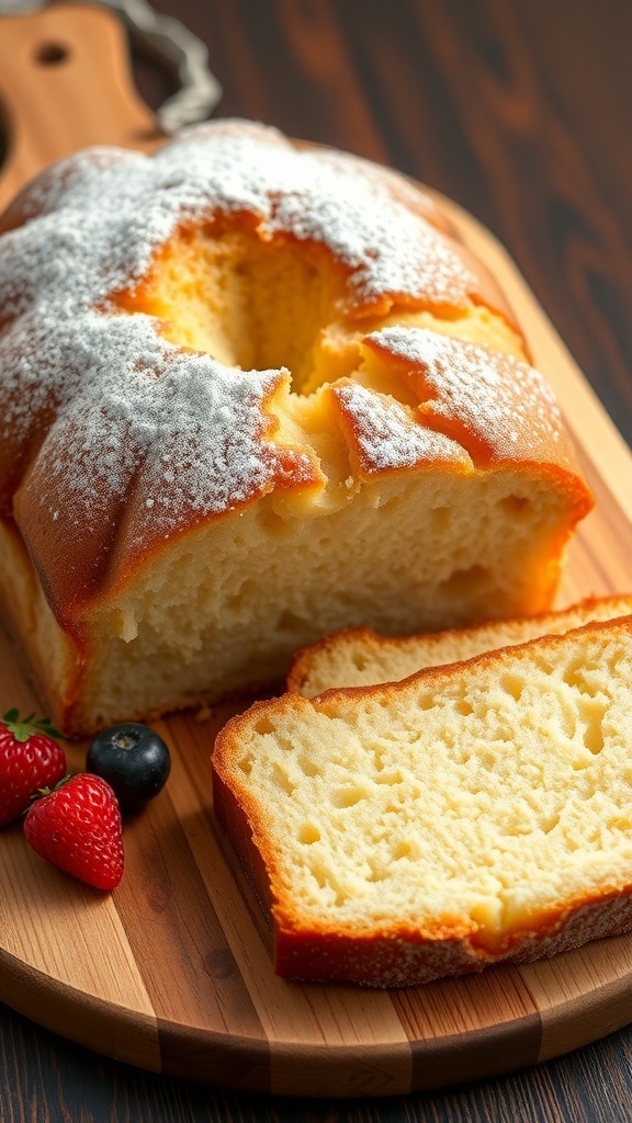Sliced pound cake on a cutting board with berries and powdered sugar.